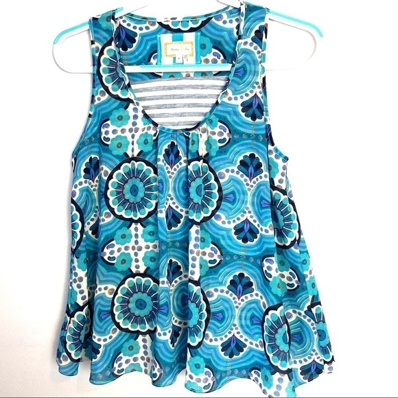 Anthropologie MEADOW RUE Merlon Tank Top Blue Floral Split Back Layered - Picture 1 of 6
